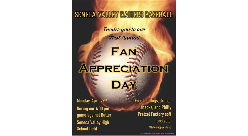 SV Varsity Baseball Fan Appreciation Day! Monday, 4/29 vs Butler @ 4 pm!